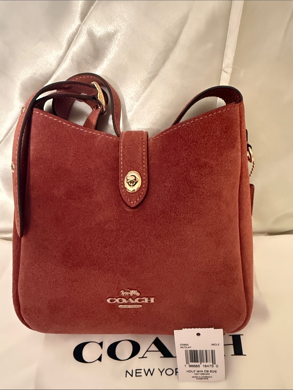 ๐คCOACH NWT Clayโ Suede Hadley Mini Turn-lock Crossbody with Gold Hardware - Picture 3 of 11